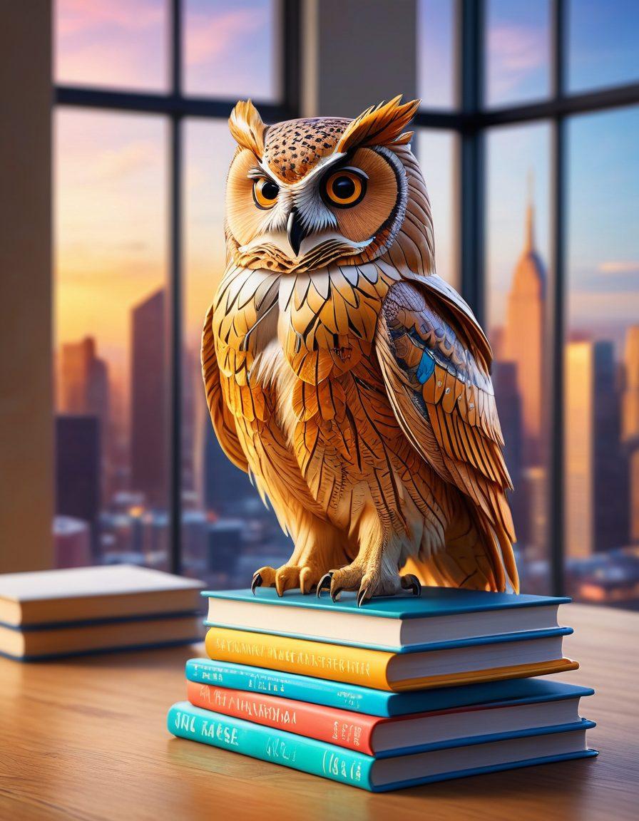 A wise owl perched on a stack of colorful financial books, surrounded by charts and graphs depicting upward trends, while a glowing light bulb signifies bright ideas and financial enlightenment. The background features a serene, modern financial office with large windows showing a city skyline. super-realistic. vibrant colors. 3D.