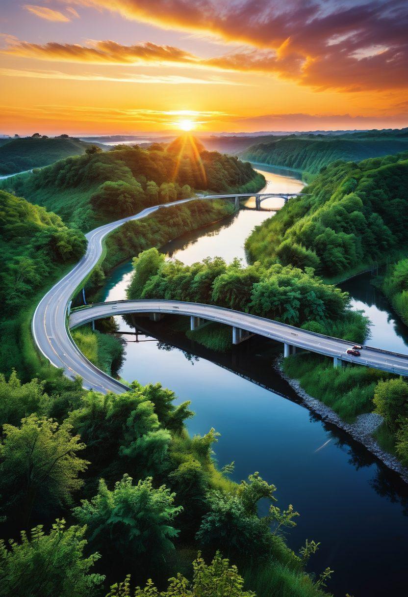 A serene landscape depicting a winding river symbolizing a financial journey, flanked by lush greenery and road signs showcasing banking services like loans and investments. Along the riverbank, a diverse group of people engaged in discussions, analyzing documents and using technology, representing collaboration in finance. The sky above is bright with hints of sunrise, symbolizing new beginnings in financial literacy. super-realistic. vibrant colors. white background.