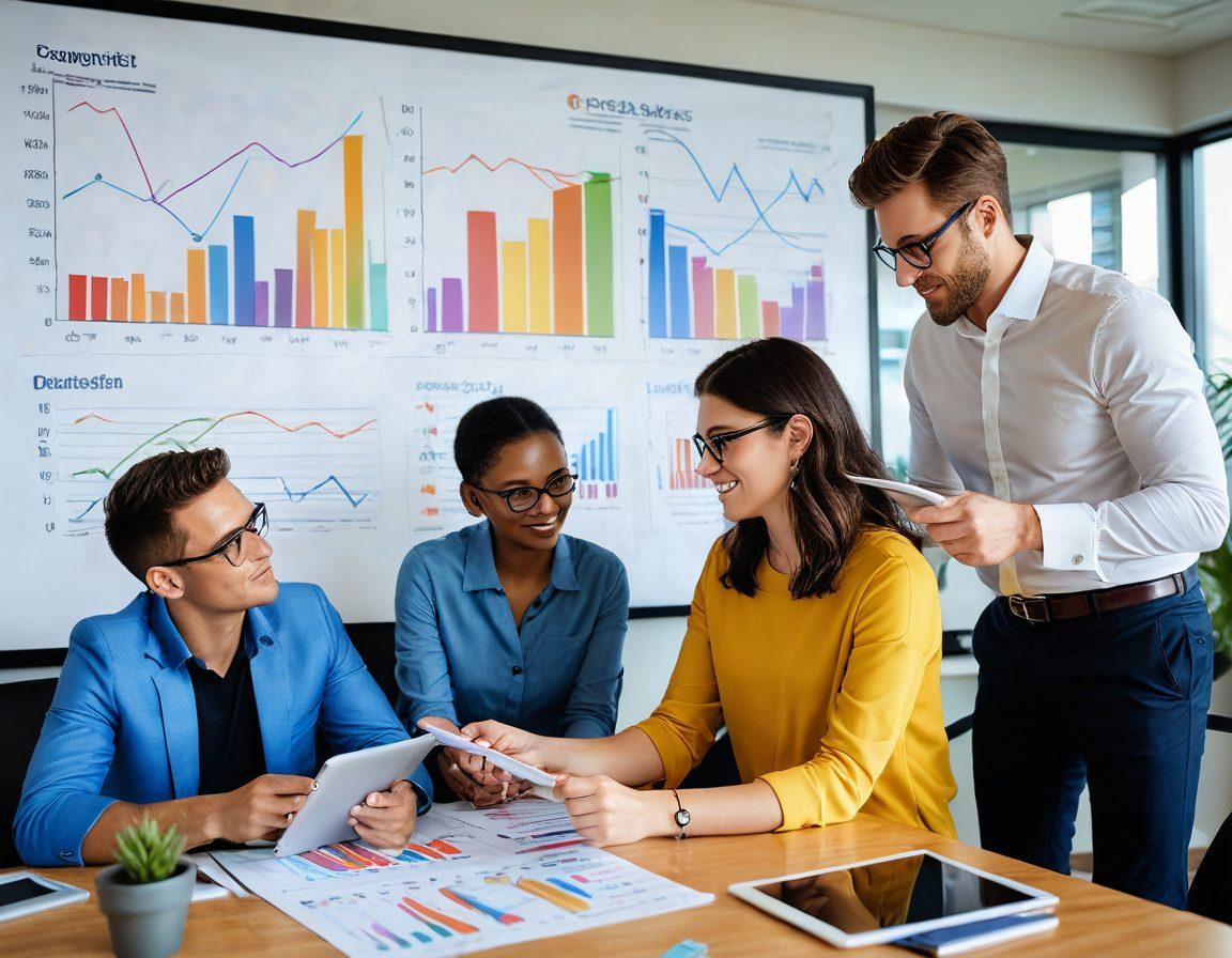 A dynamic scene featuring a diverse group of individuals engaged in a discussion about personal finance—one person is pointing at a digital tablet displaying graphs, another is jotting notes, while a third is pondering thoughtfully. In the background, elements such as a cash flow chart, piggy bank, and blooming plants symbolize growth and prosperity. The atmosphere is lively and inspiring, showing a collaborative environment. super-realistic. vibrant colors. modern office backdrop.